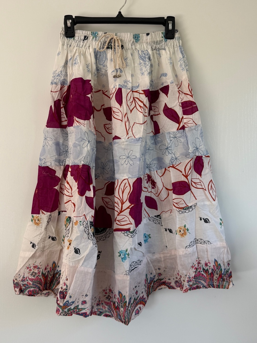 Floral Tiered Drawstring Midi Skirt - Pink Floral 100% Cotton Made in India